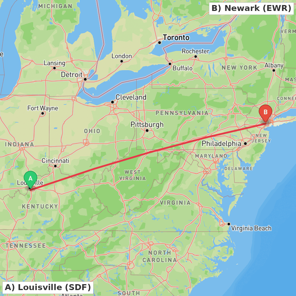 Flight route map from Louisville to Newark