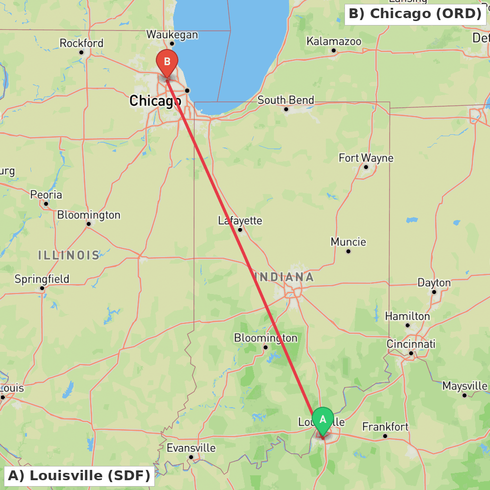 Flight route map from Louisville to Chicago