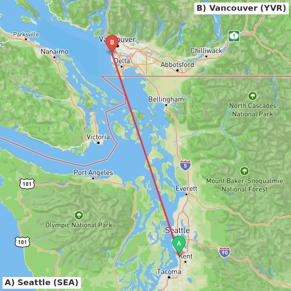 Flight route map from Seattle to Vancouver