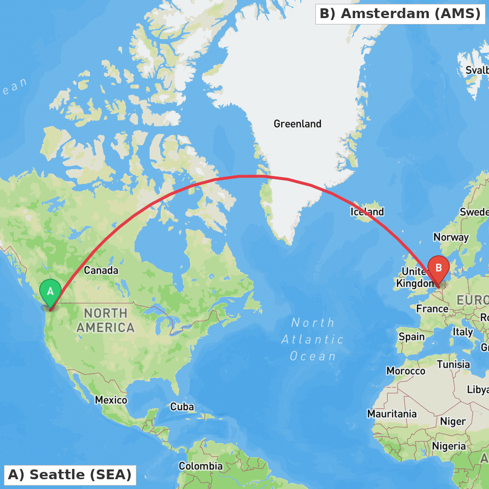 Flight route map from Seattle to Amsterdam