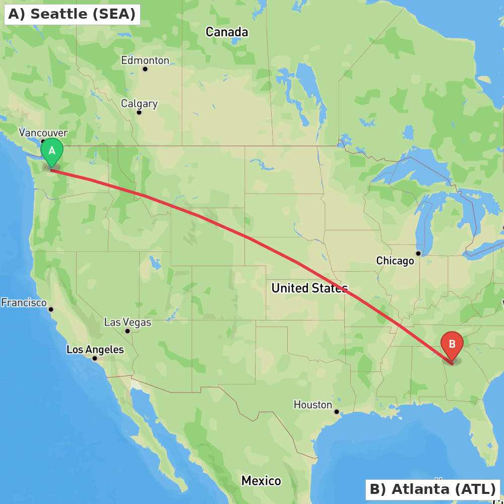 Flight route map from Seattle to Atlanta
