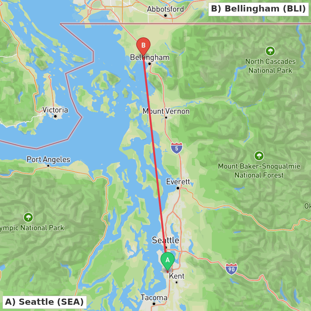Flight route map from Seattle to Bellingham