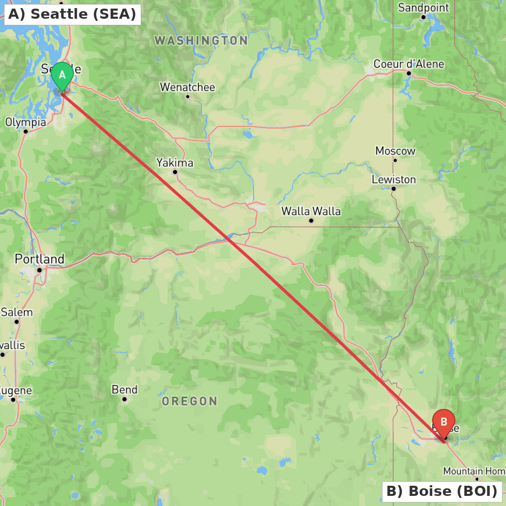 Flight route map from Seattle to Boise
