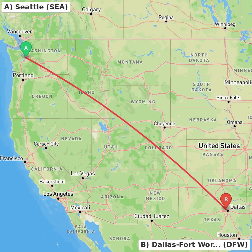 Flight route map from Seattle to Dallas-Fort Worth
