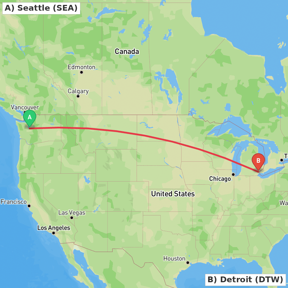 Flight route map from Seattle to Detroit