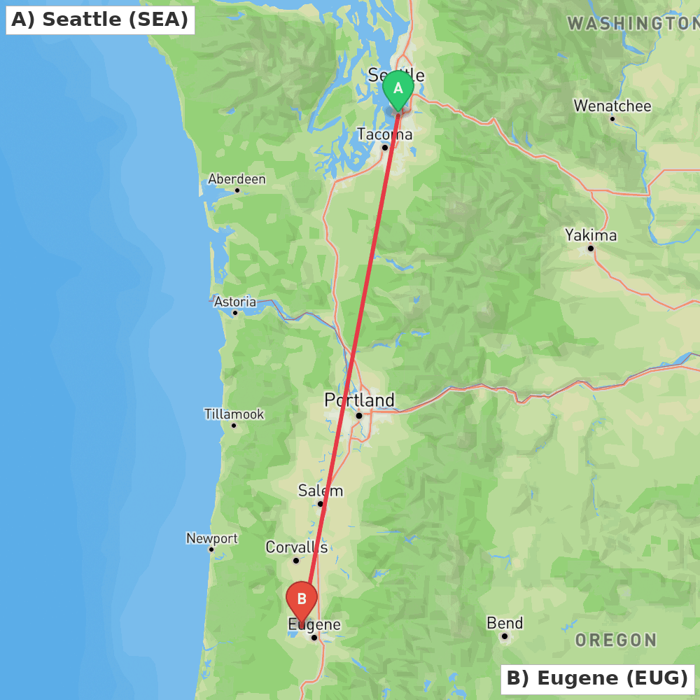 Flight route map from Seattle to Eugene