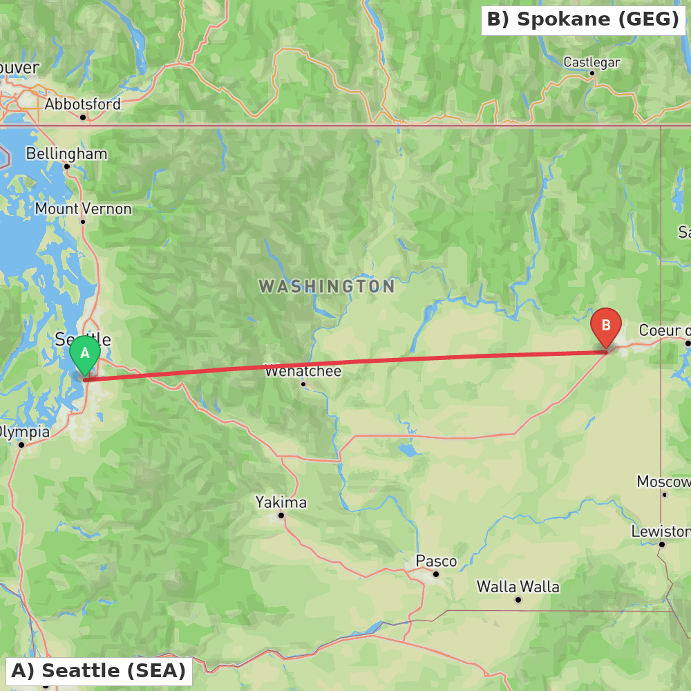 Flight route map from Seattle to Spokane