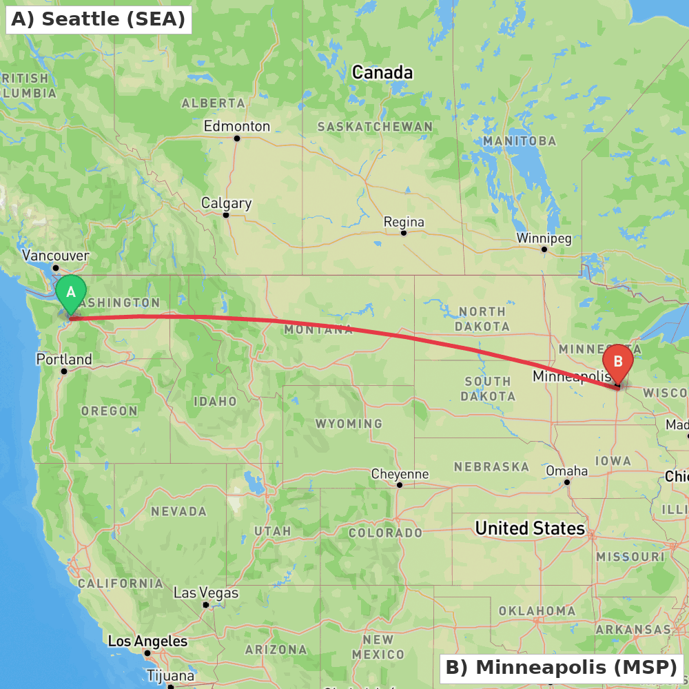 Flight route map from Seattle to Minneapolis