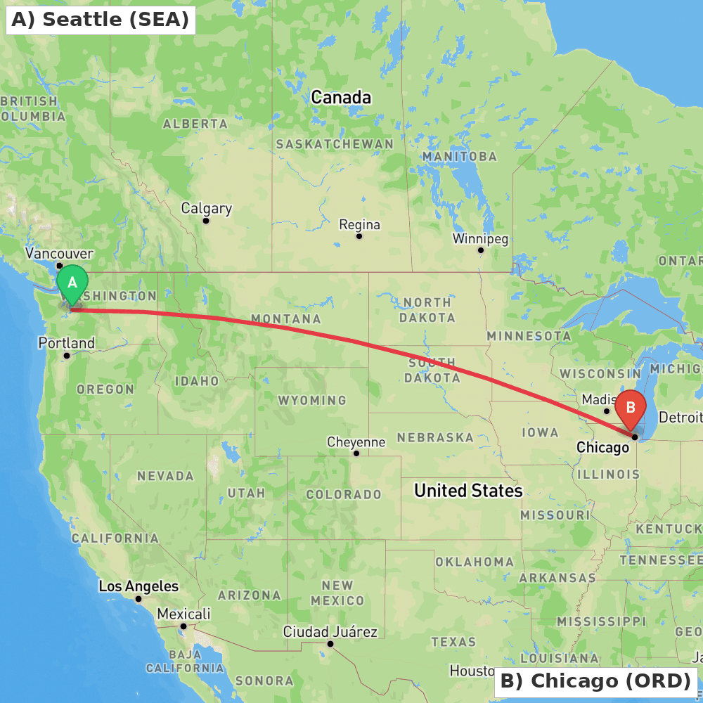 Flight route map from Seattle to Chicago