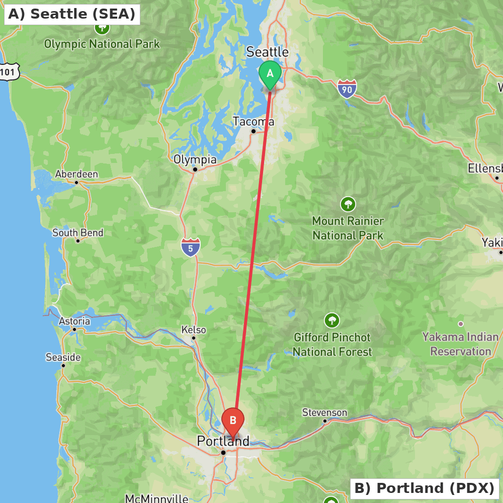 Flight route map from Seattle to Portland