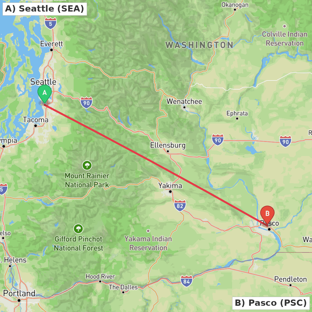Flight route map from Seattle to Pasco