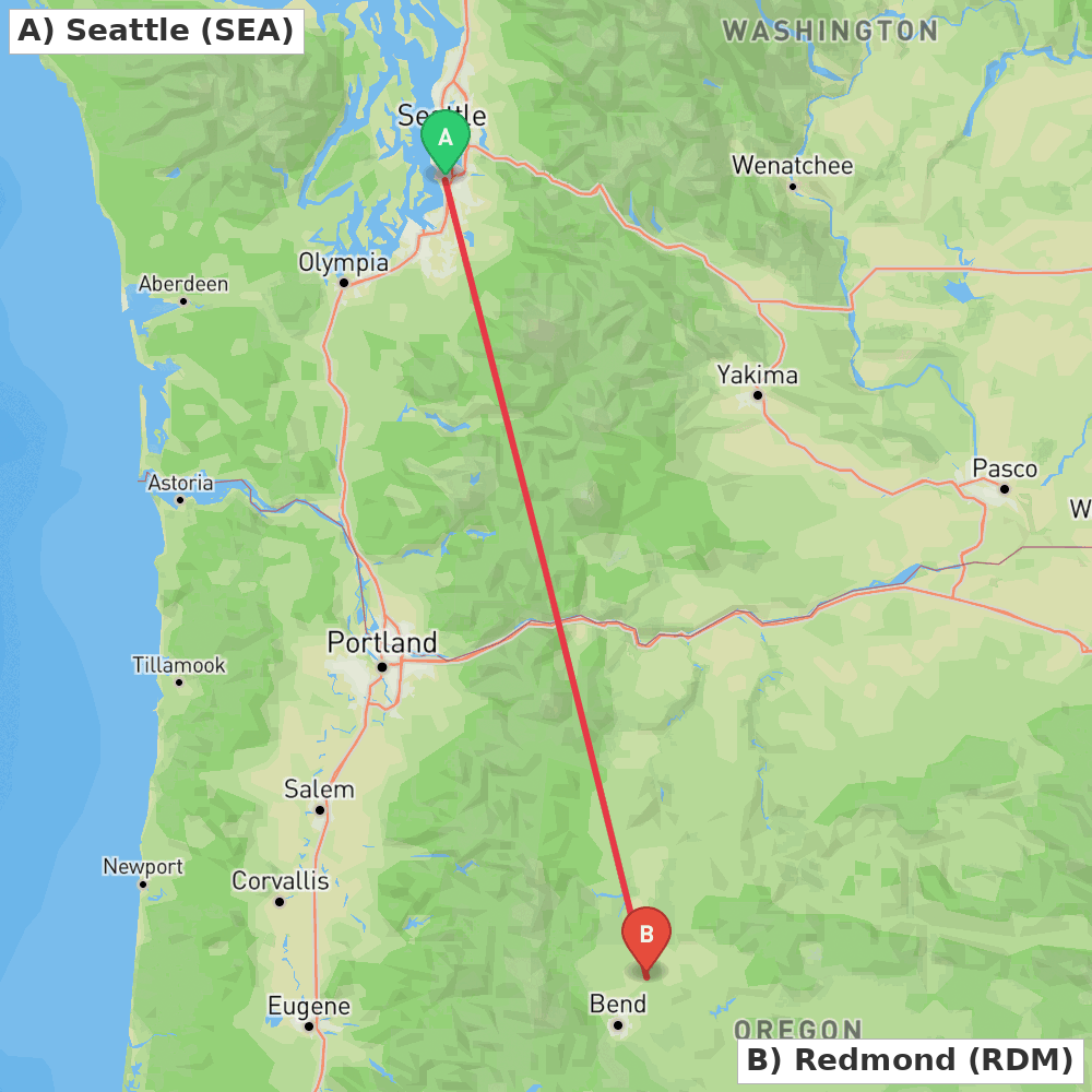 Flight route map from Seattle to Redmond