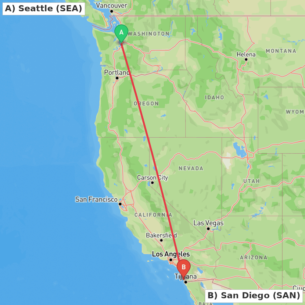 Flight route map from Seattle to San Diego
