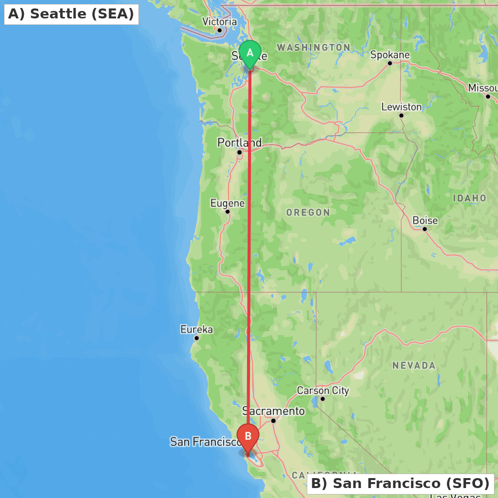 Flight route map from Seattle to San Francisco