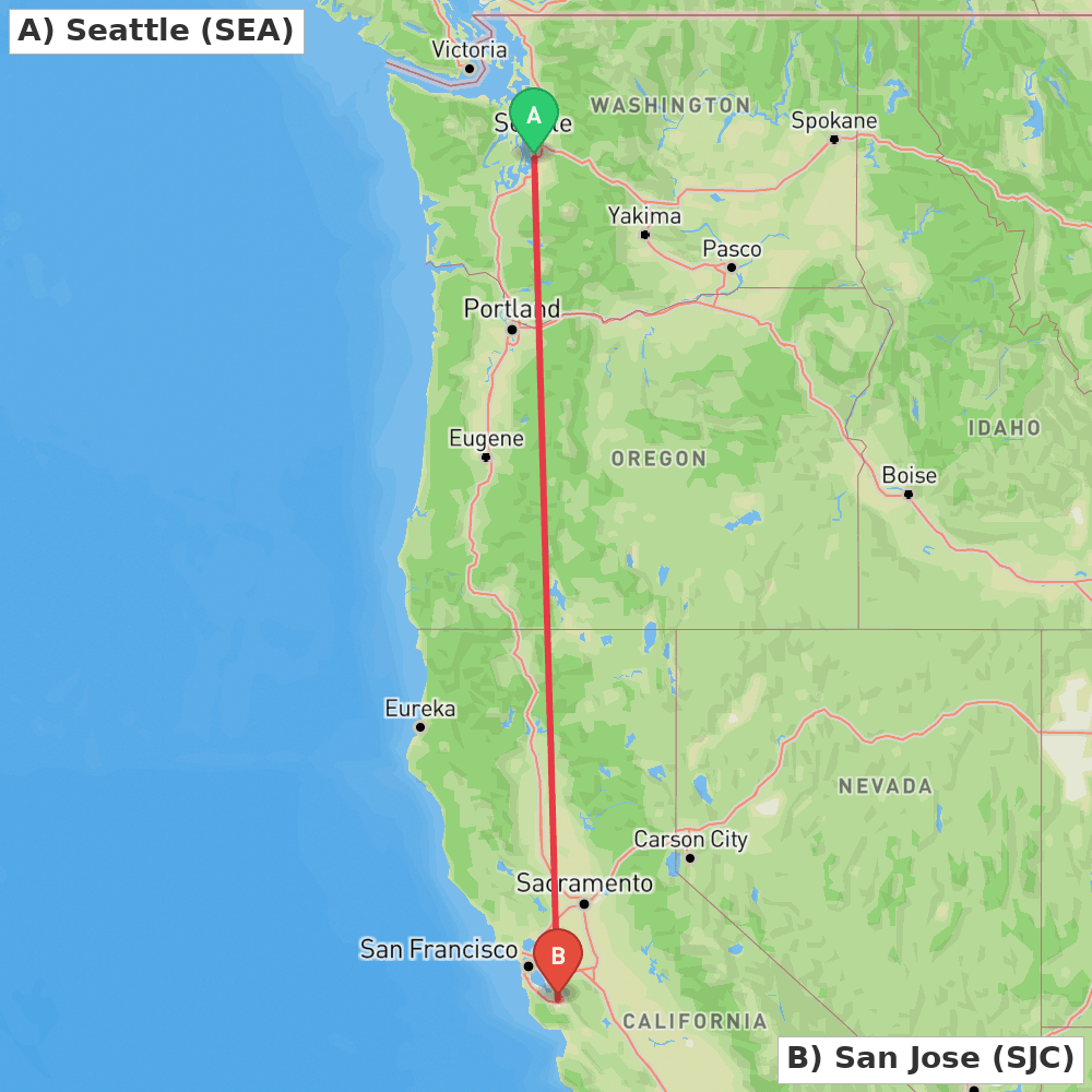 Flight route map from Seattle to San Jose