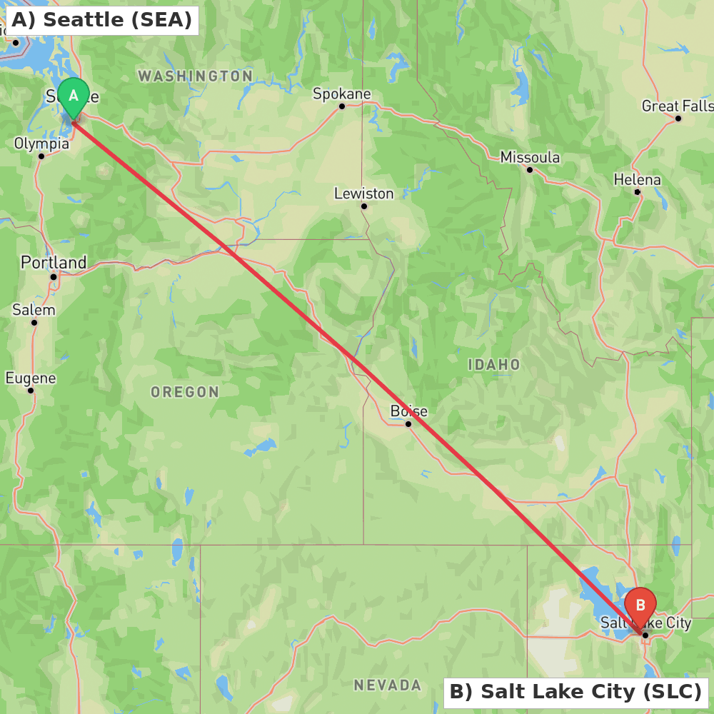Flight route map from Seattle to Salt Lake City