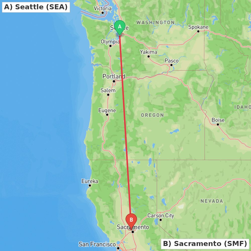 Flight route map from Seattle to Sacramento