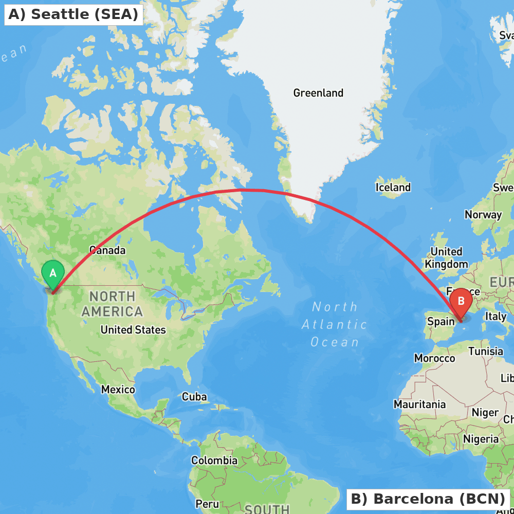 Flight route map from Seattle to Barcelona