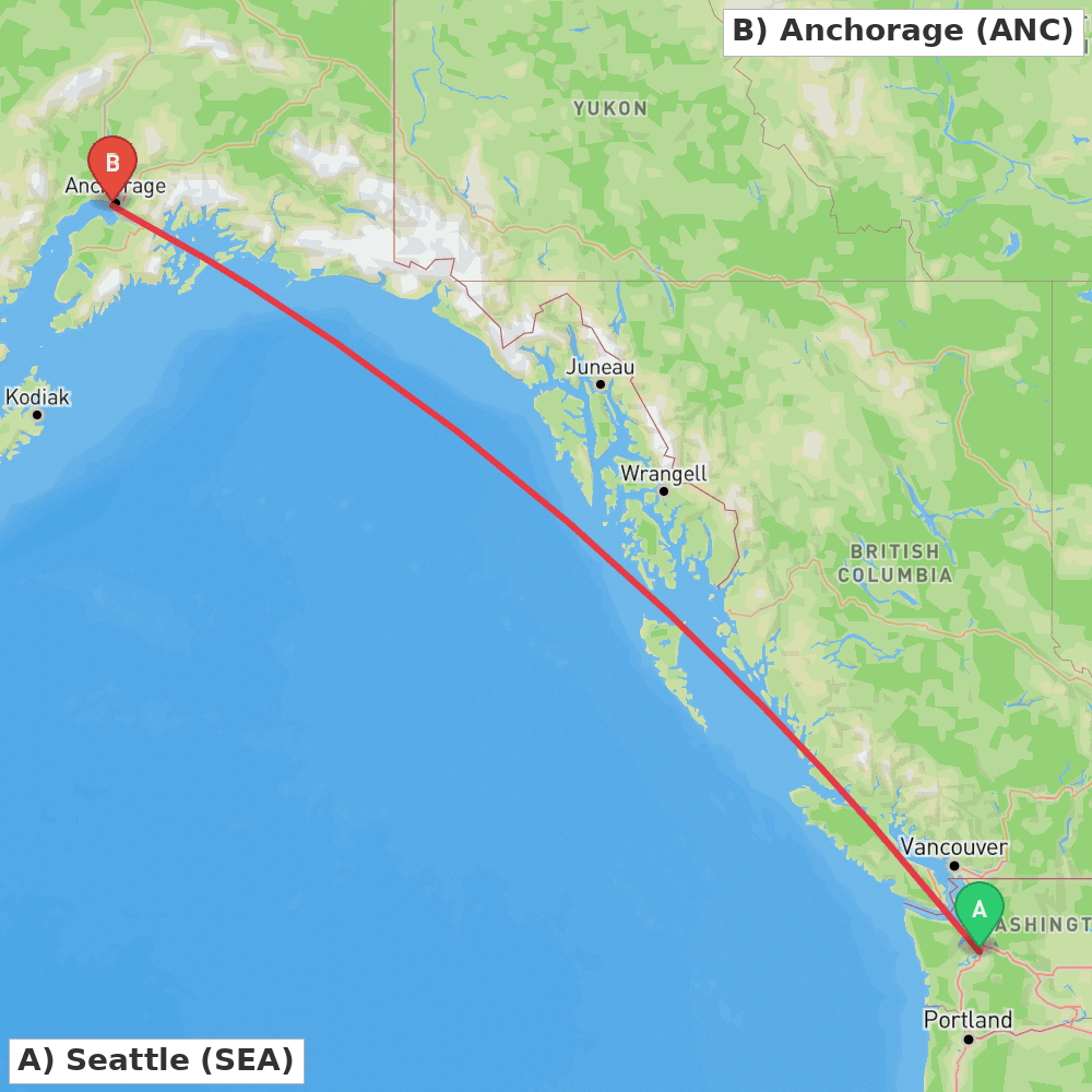 Flight route map from Seattle to Anchorage