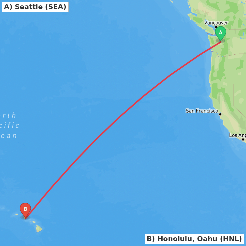 Flight route map from Seattle to Honolulu, Oahu