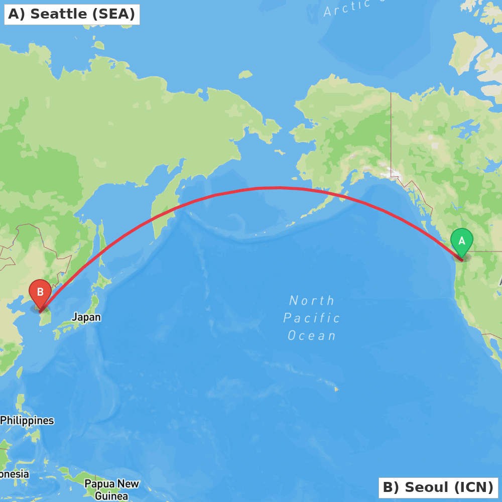 Flight route map from Seattle to Seoul
