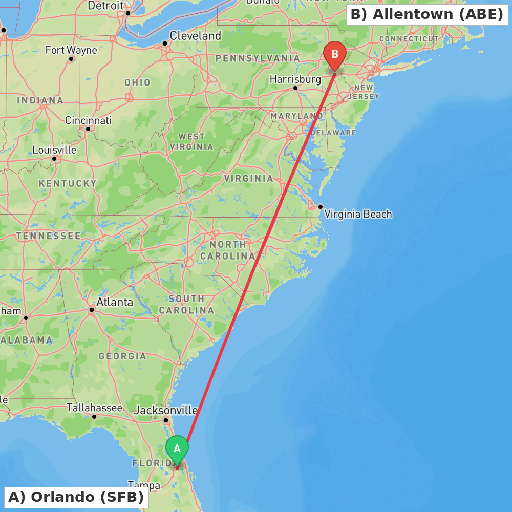 Flight route map from Orlando to Allentown