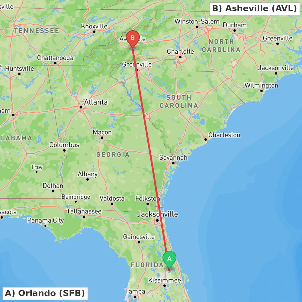 Flight route map from Orlando to Asheville