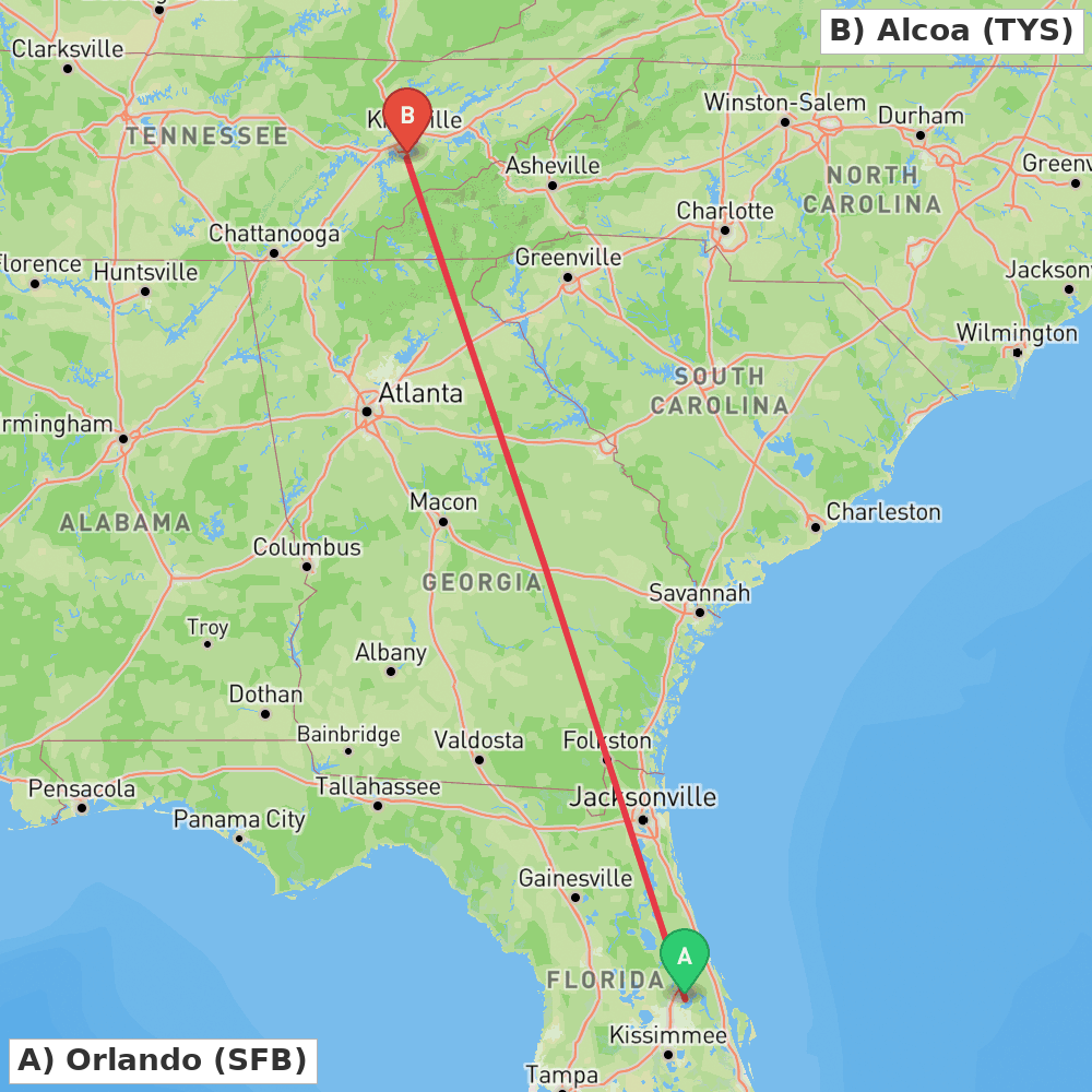 Flight route map from Orlando to Alcoa