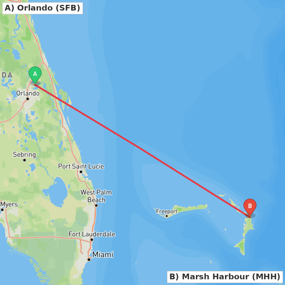 Flight route map from Orlando to Marsh Harbour