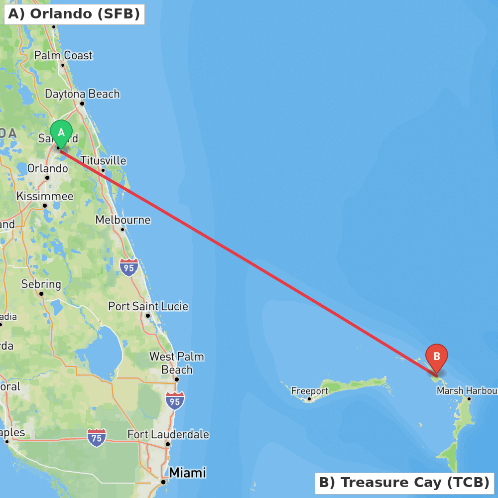 Flight route map from Orlando to Treasure Cay