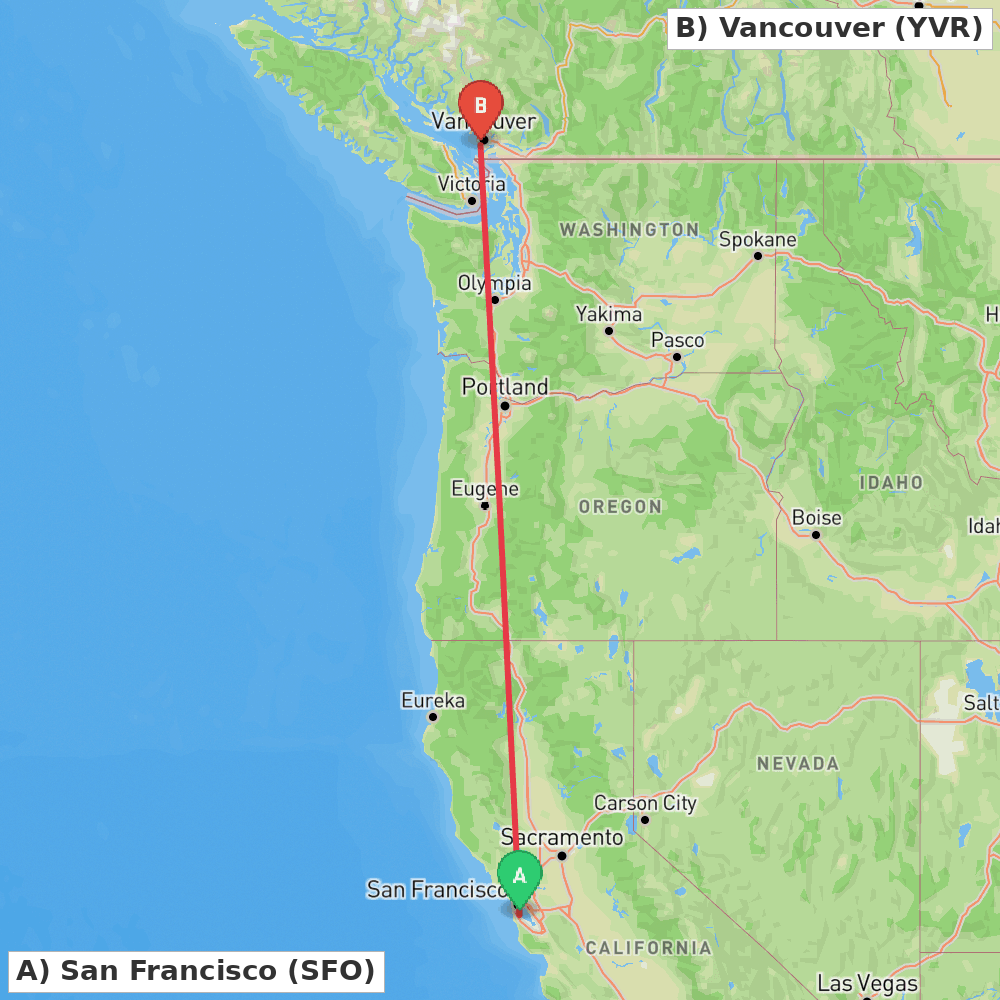 Flight route map from San Francisco to Vancouver