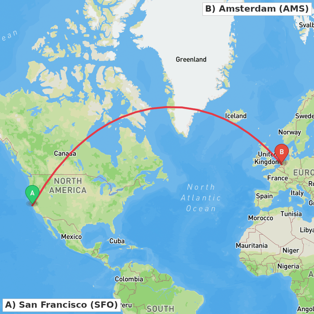 Flight route map from San Francisco to Amsterdam