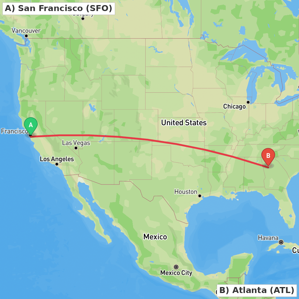Flight route map from San Francisco to Atlanta