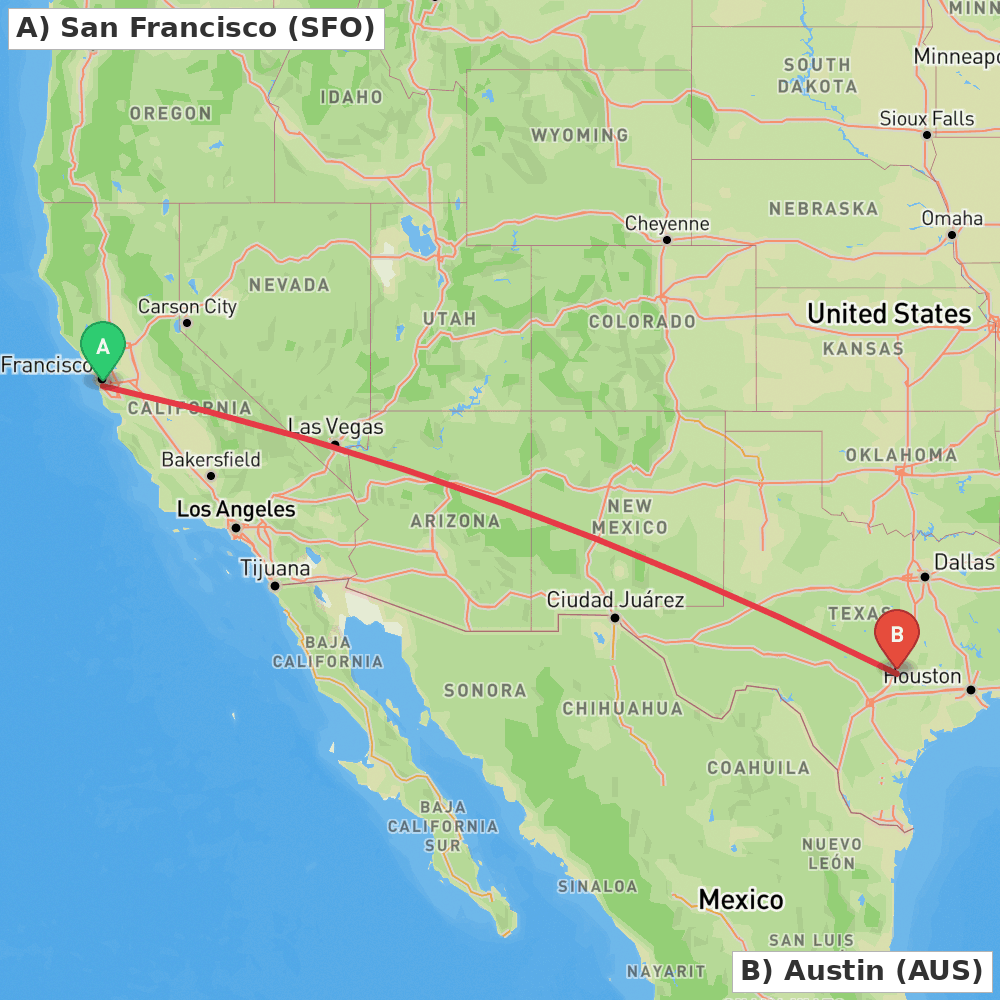 Flight route map from San Francisco to Austin