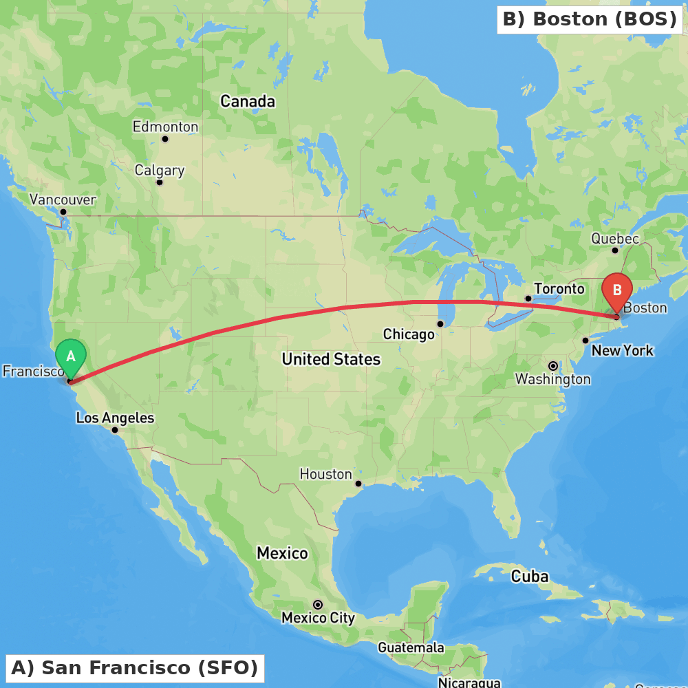 Flight route map from San Francisco to Boston