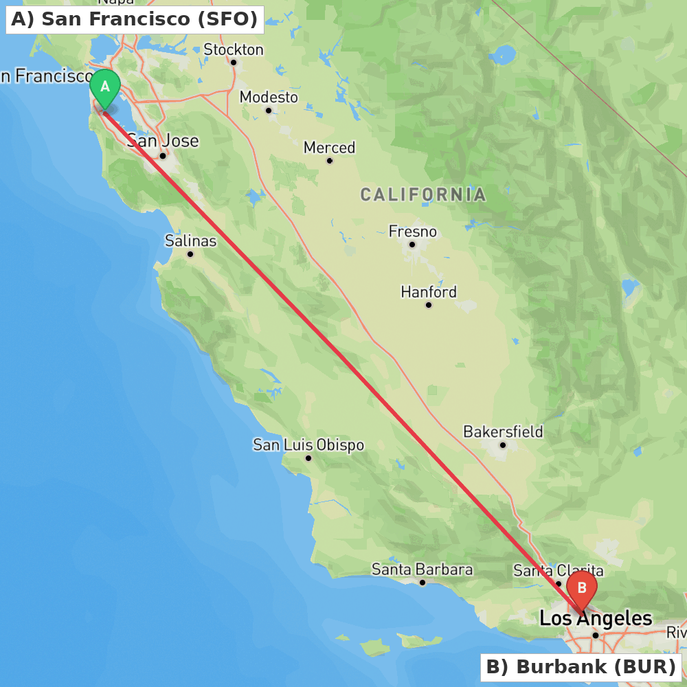 Flight route map from San Francisco to Burbank