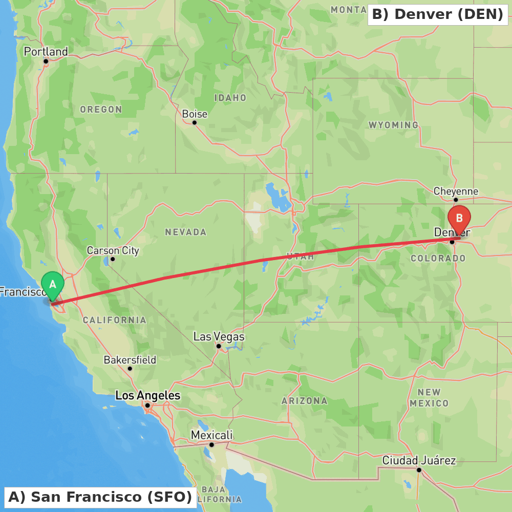 Flight route map from San Francisco to Denver