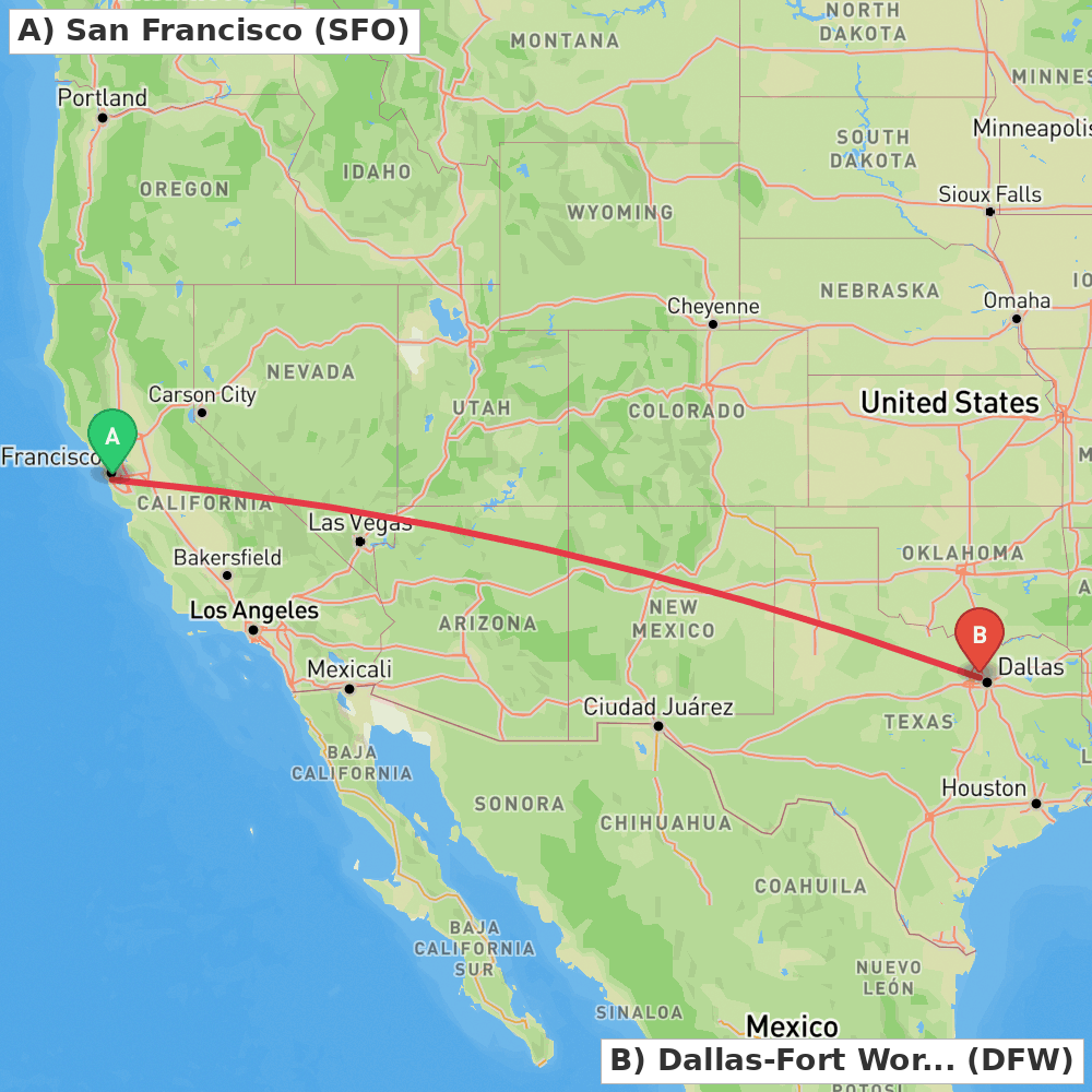 Flight route map from San Francisco to Dallas-Fort Worth