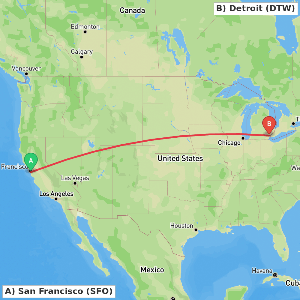 Flight route map from San Francisco to Detroit