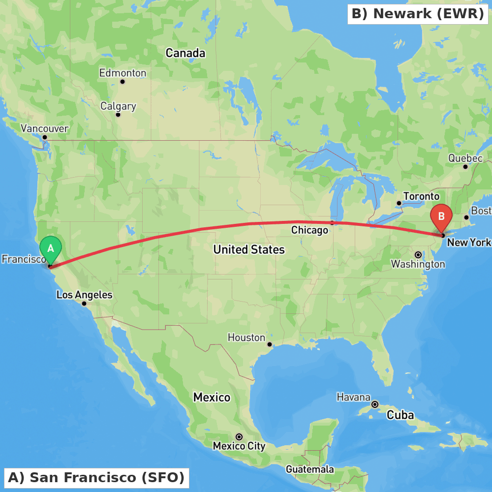 Flight route map from San Francisco to Newark