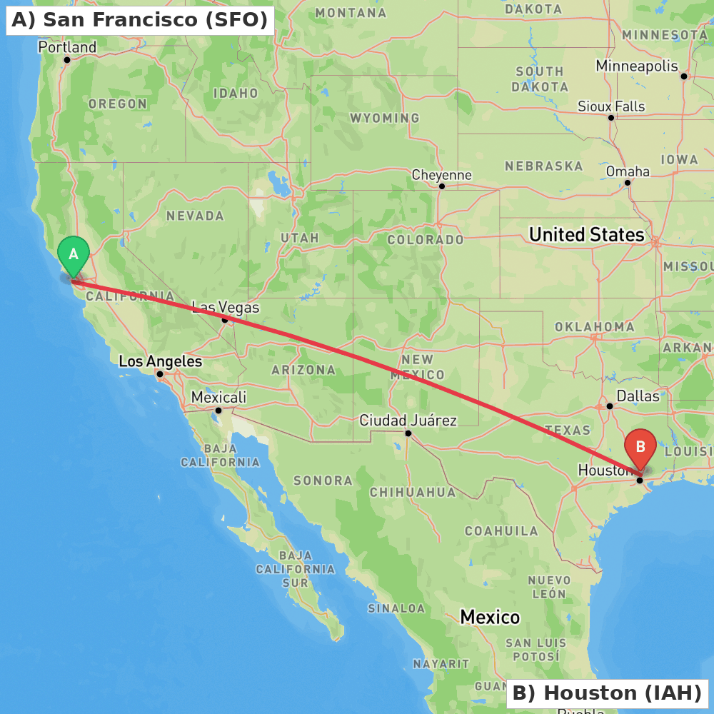 Flight route map from San Francisco to Houston