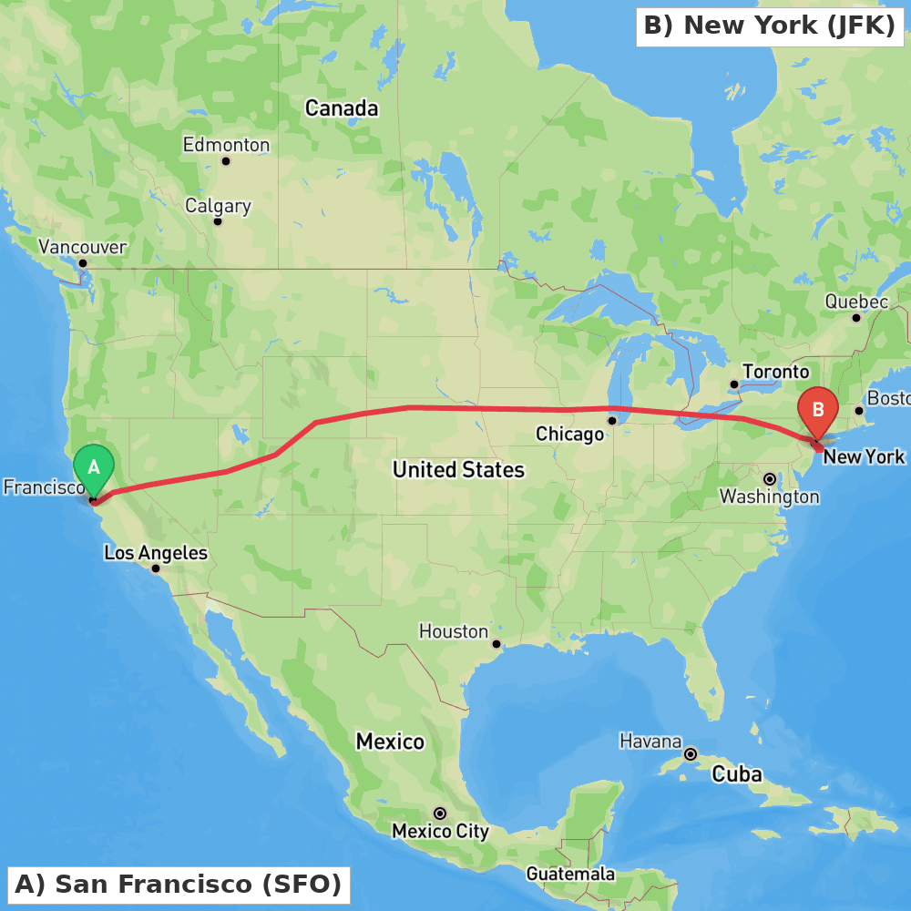 Flight route map from San Francisco to New York