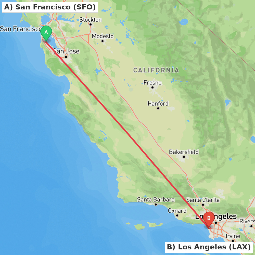 Flight route map from San Francisco to Los Angeles