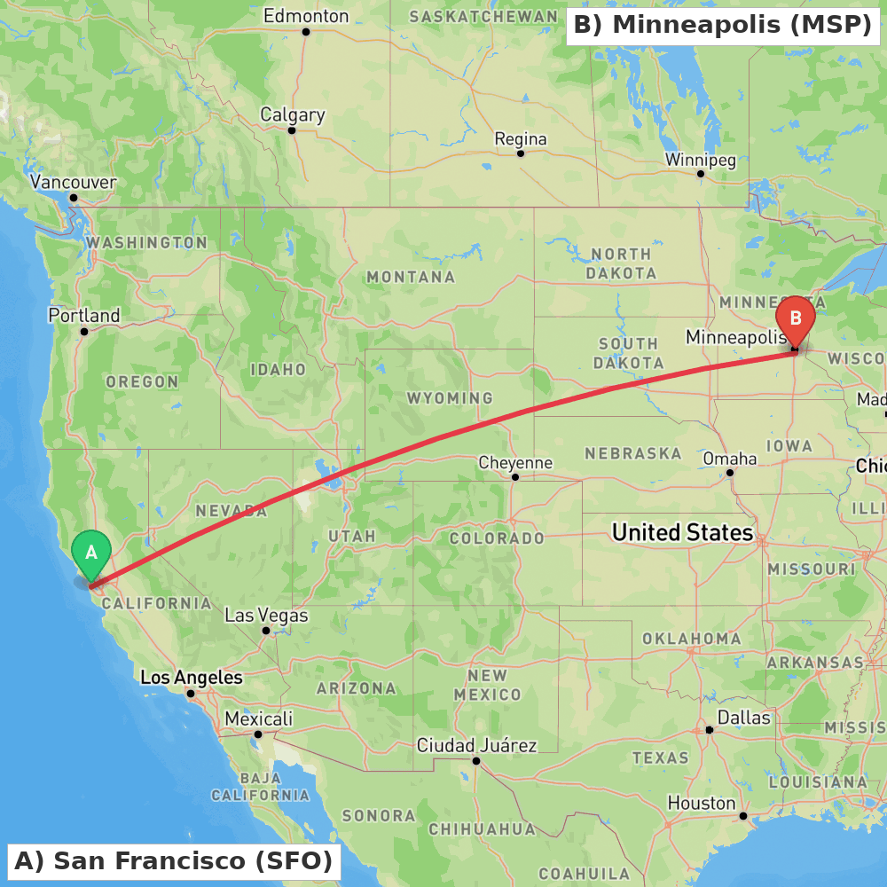 Flight route map from San Francisco to Minneapolis