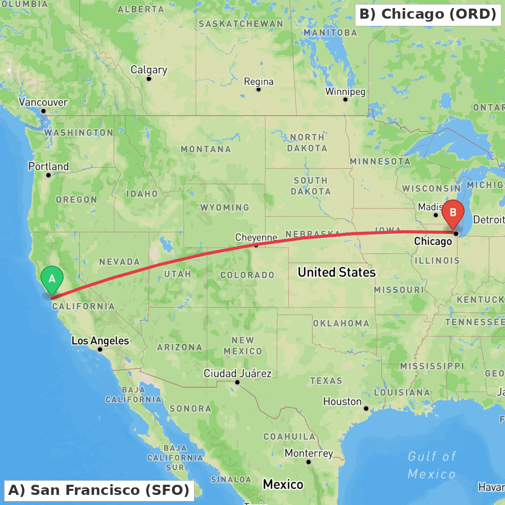 Flight route map from San Francisco to Chicago