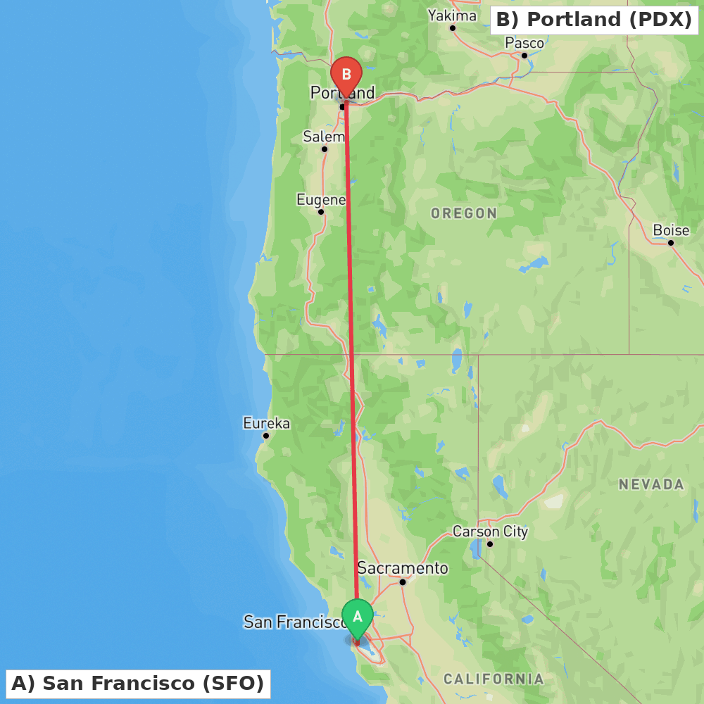Flight route map from San Francisco to Portland