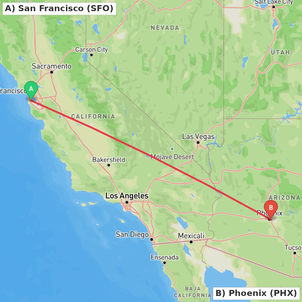 Flight route map from San Francisco to Phoenix