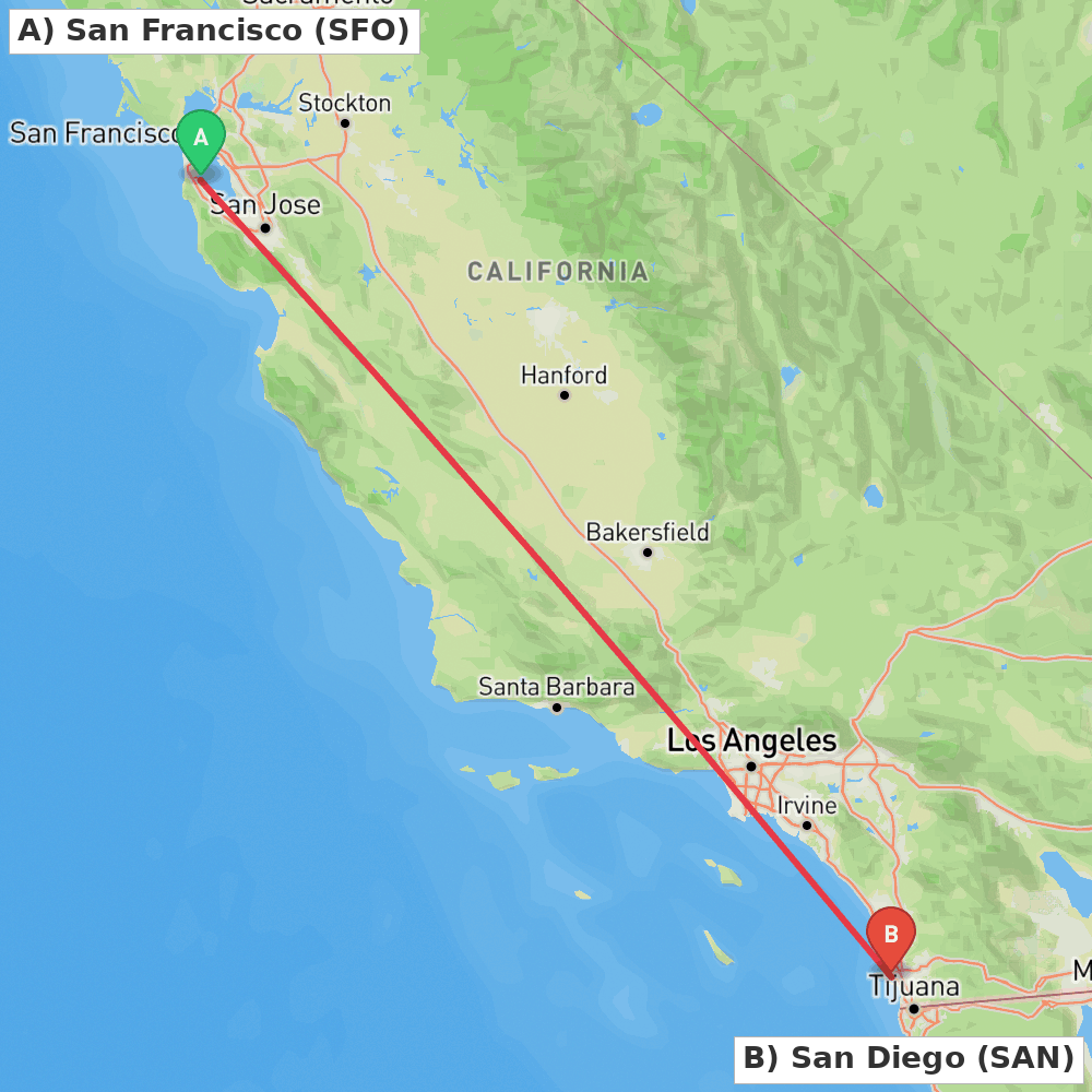 Flight route map from San Francisco to San Diego