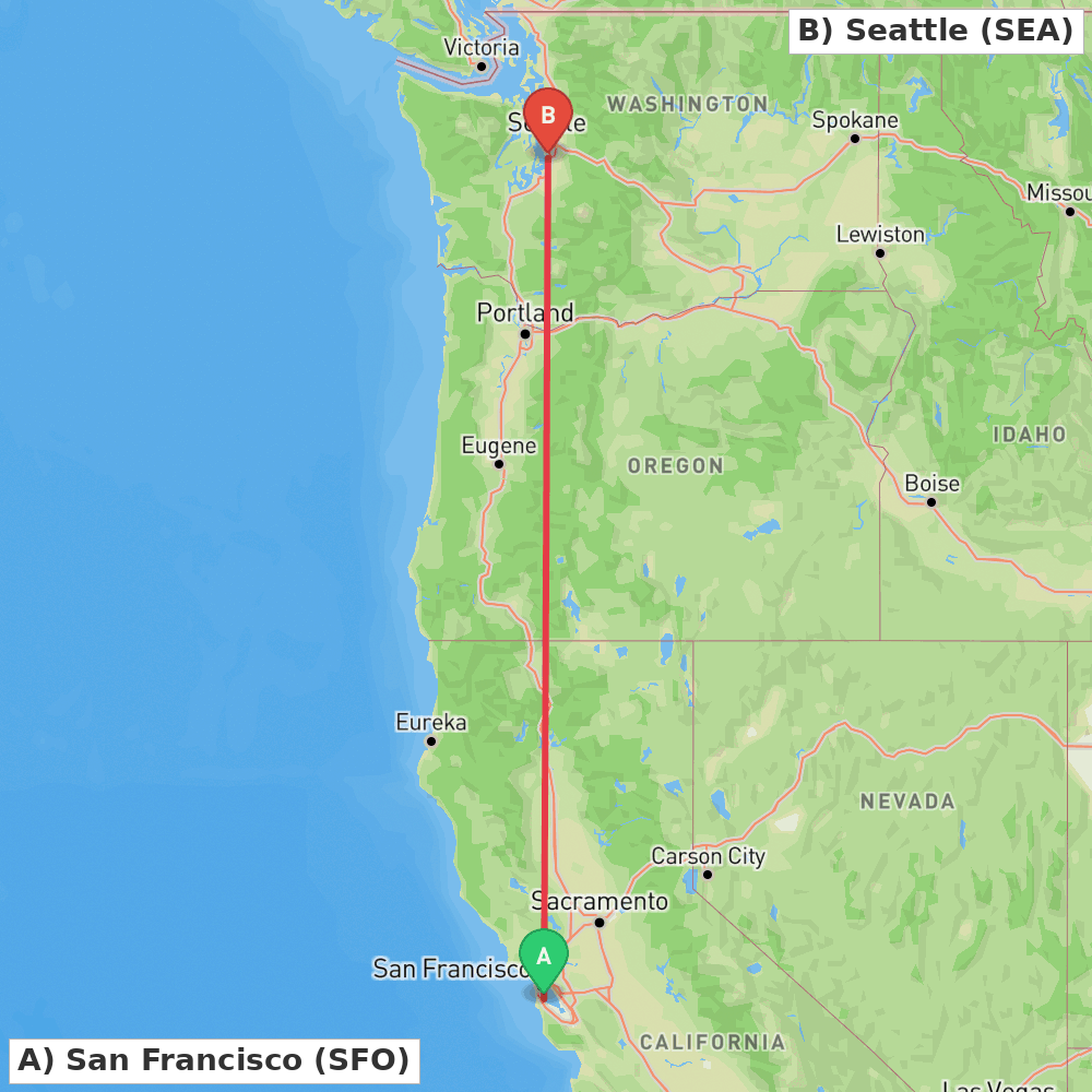 Flight route map from San Francisco to Seattle