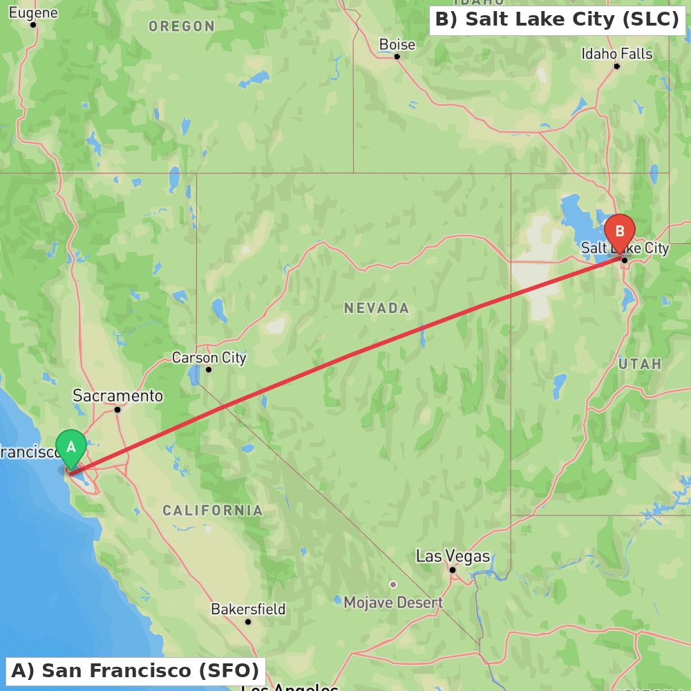 Flight route map from San Francisco to Salt Lake City